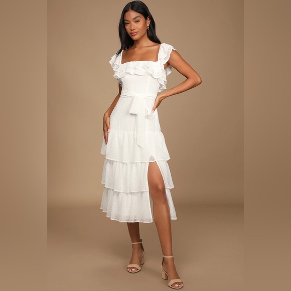 Lulus Dear to My Heart Swiss Dot Tiered Ruffled White Cream Midi Dress Small - Picture 2 of 9